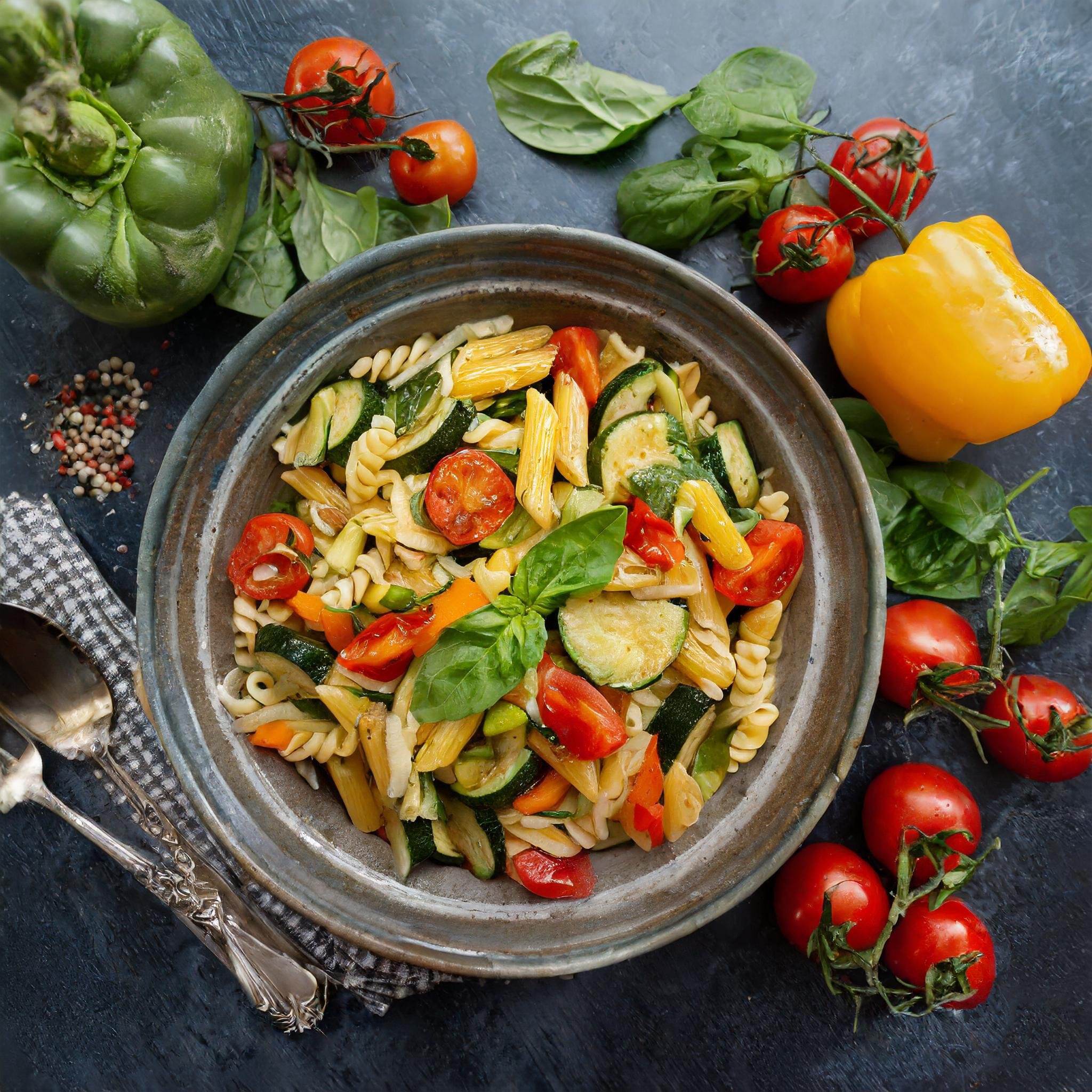 large bowl of pasta primavera with zucchini, bell peppers, cherry tomatoes, and plenty of pasta as a refreshing balanced dish
