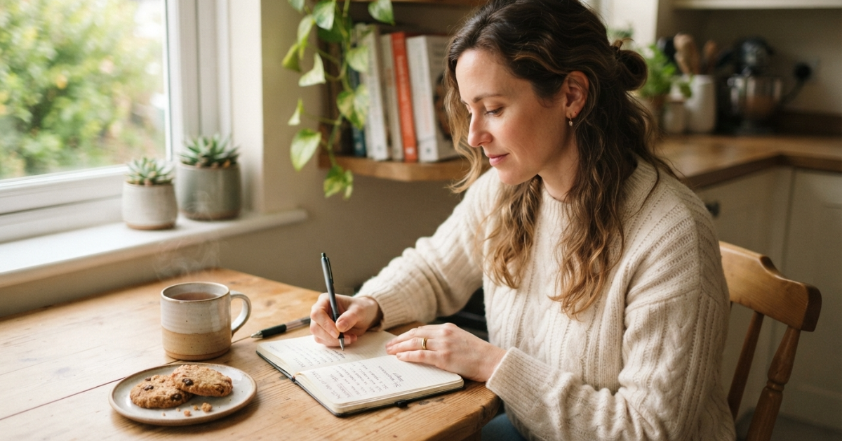 Person writing in a notebook at a kitchen table with a snack and a mug, noticing stress eating patterns before seeing a dietitian or therapist