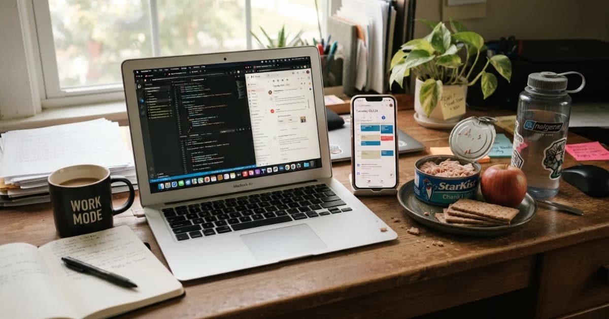 Busy work desk with a laptop and a quick packed lunch of tuna, crackers and an apple, a simple fix for skipping lunch and nighttime hunger