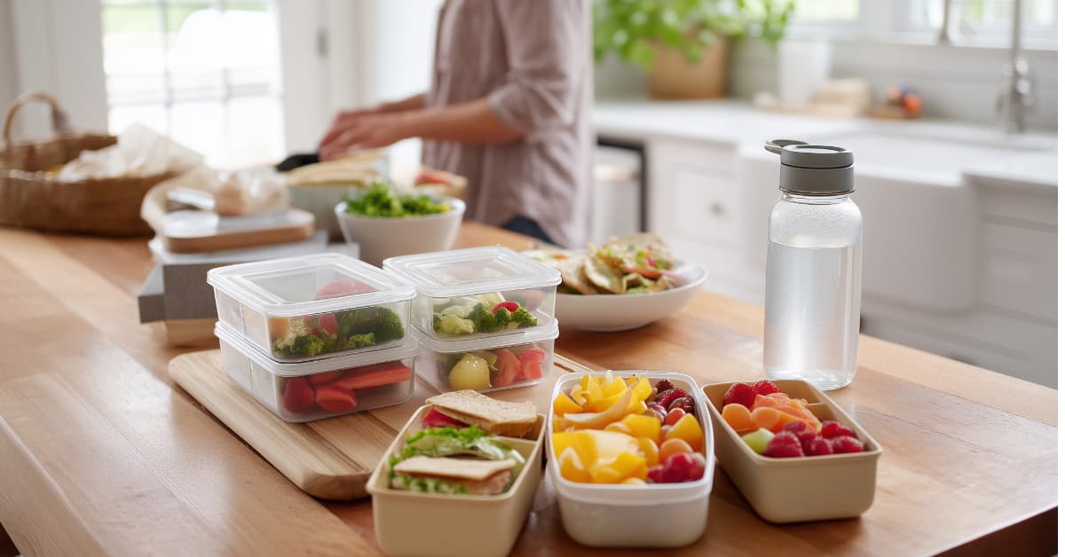 woman meal prepping in her kitchen with multiple containers of food prepped on the kitchen counter