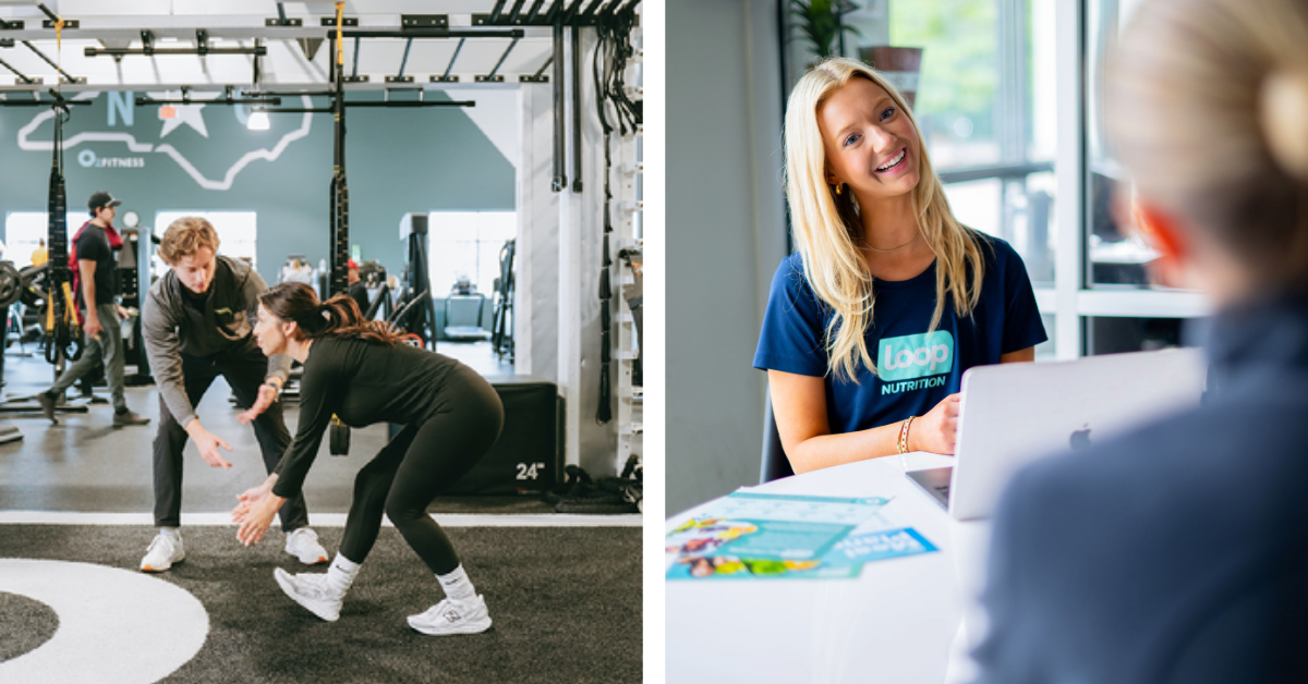 Registered dietitian meeting with a client at a gym while a personal trainer coaches in the background, showing nutrition counseling and personal training working together