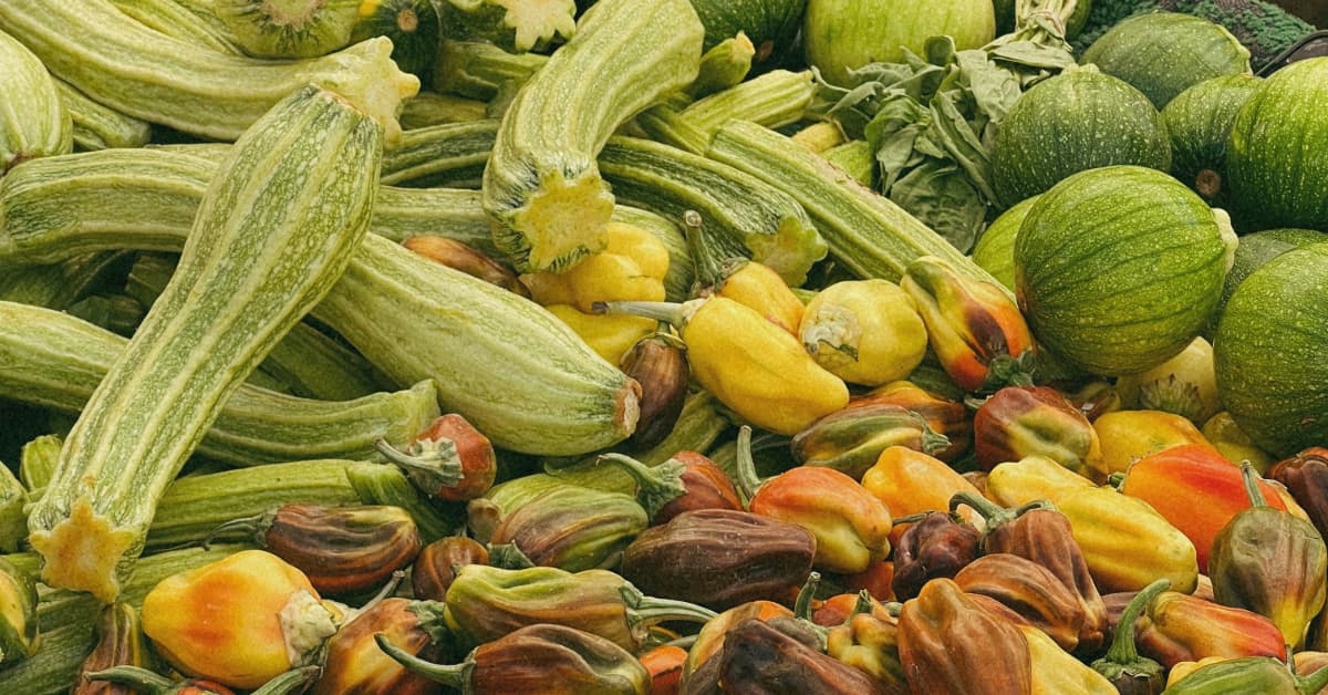 Stacks of fresh seasonal produce at the farmers market, showing squash, root vegetables, and leafy greens