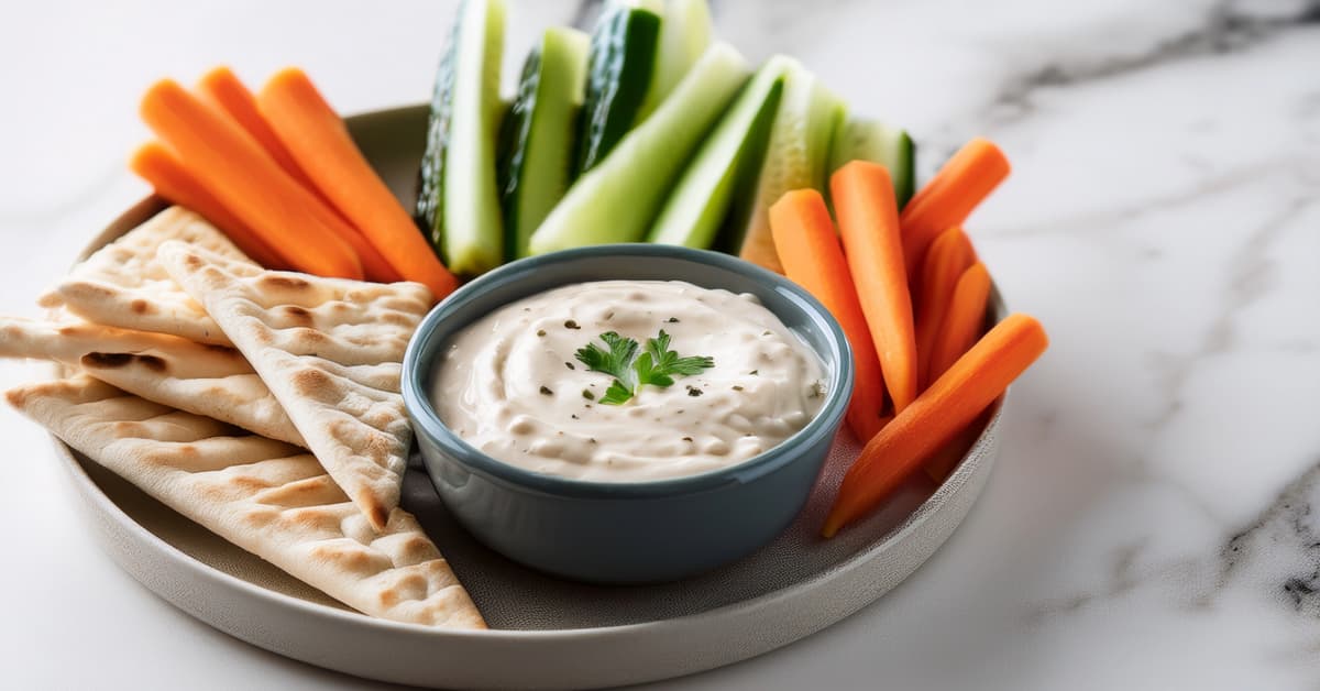 High fiber white bean dip with a side of cucumbers, carrots, and pita bread for dipping on the side