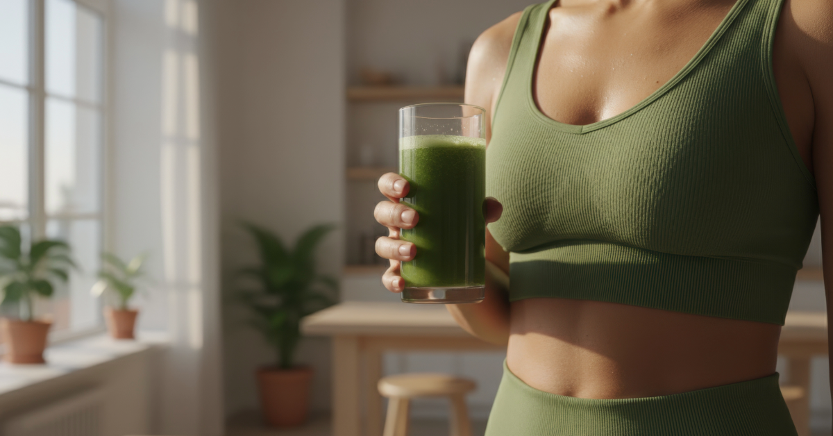 woman in green activewear set drinking a green juice in her kitchen 